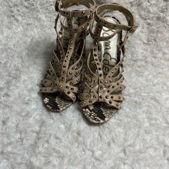 Sam Edelman Yadira leather tan studded & snake skin print Gladiator sandals SZ7 - Picture 3 of 11